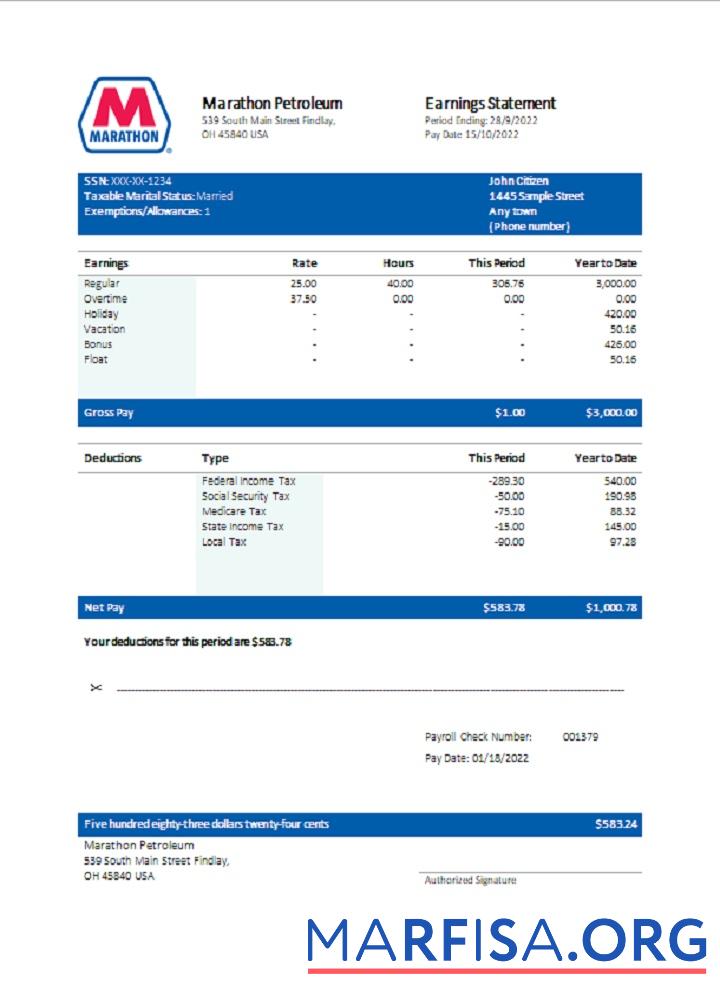 Printable USA Marathon Petroleum company pay stub template